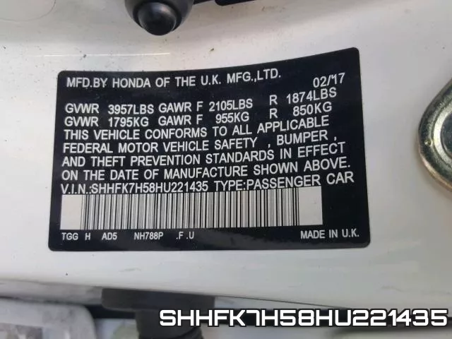 SHHFK7H58HU221435 фото 2