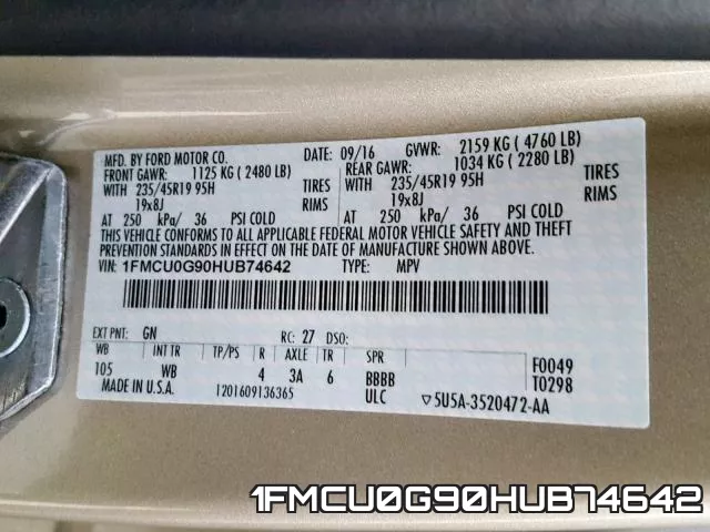 1FMCU0G90HUB74642 фото 2