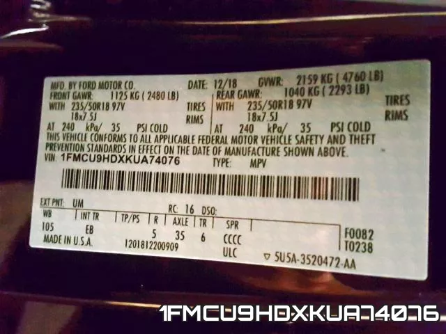 1FMCU9HDXKUA74076 фото 2