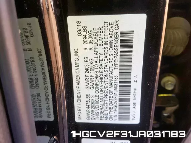 1HGCV2F31JA031783 фото 2