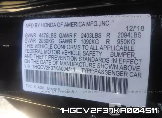 1HGCV2F37KA004511 фото 10