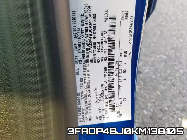 3FADP4BJ0KM138105 фото 2
