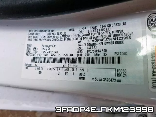 3FADP4EJ7KM123998 фото 2