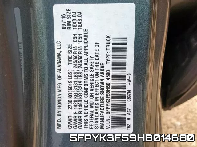 5FPYK3F59HB014680 фото 2