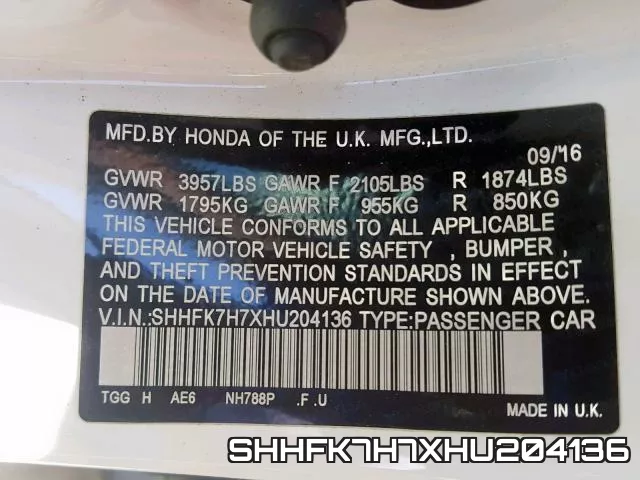 SHHFK7H7XHU204136 фото 2