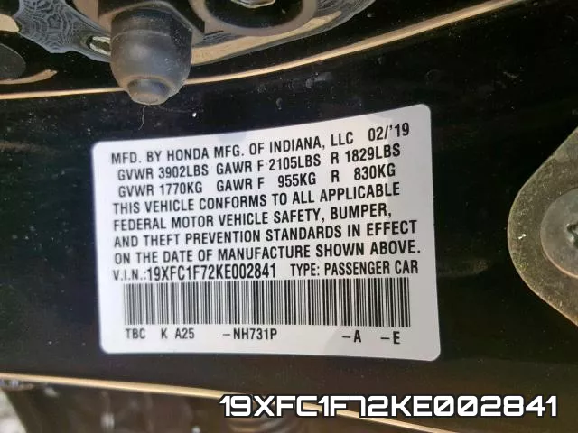 19XFC1F72KE002841 фото 2