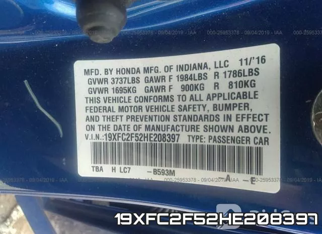 19XFC2F52HE208397 фото 10