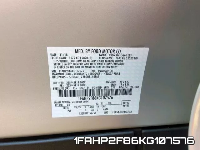 1FAHP2F86KG107576 фото 2