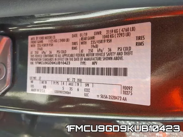 1FMCU9GD9KUB10423 фото 2
