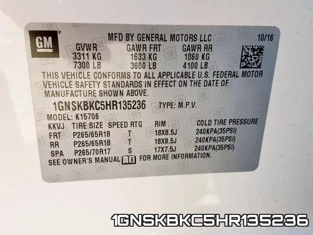1GNSKBKC5HR135236 фото 2