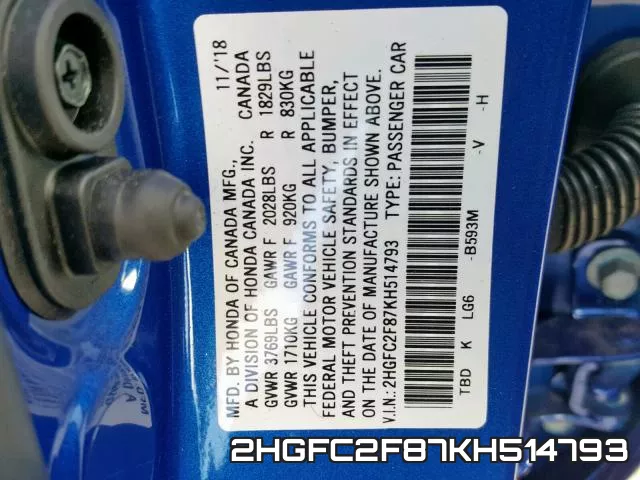2HGFC2F87KH514793 фото 2
