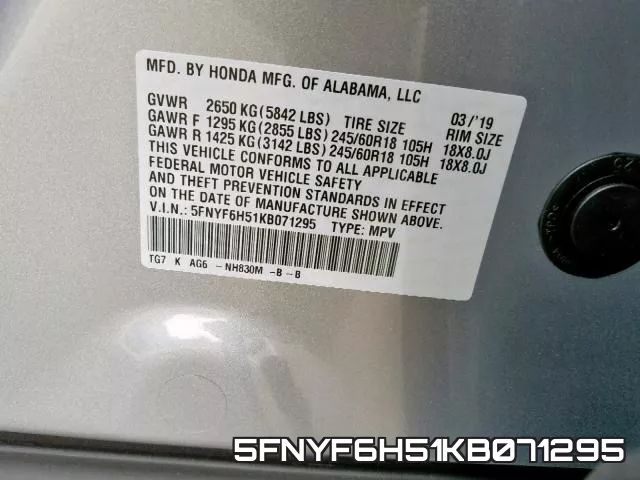 5FNYF6H51KB071295 фото 2