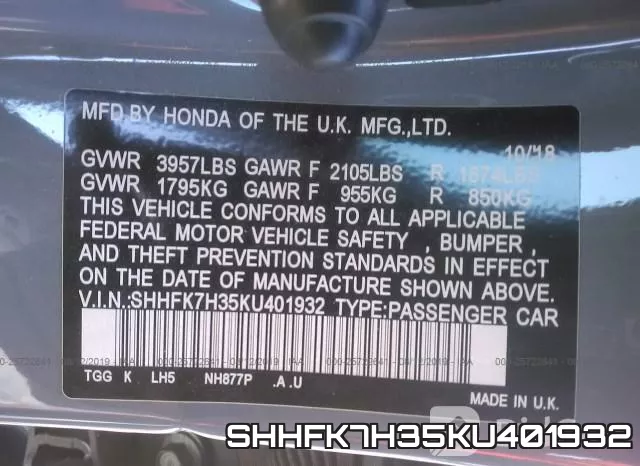 SHHFK7H35KU401932 фото 10