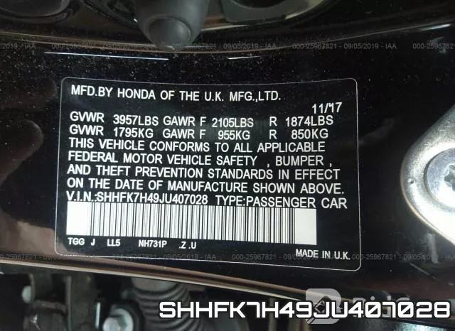 SHHFK7H49JU407028 фото 10