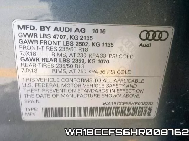 WA1BCCFS6HR008762 фото 2