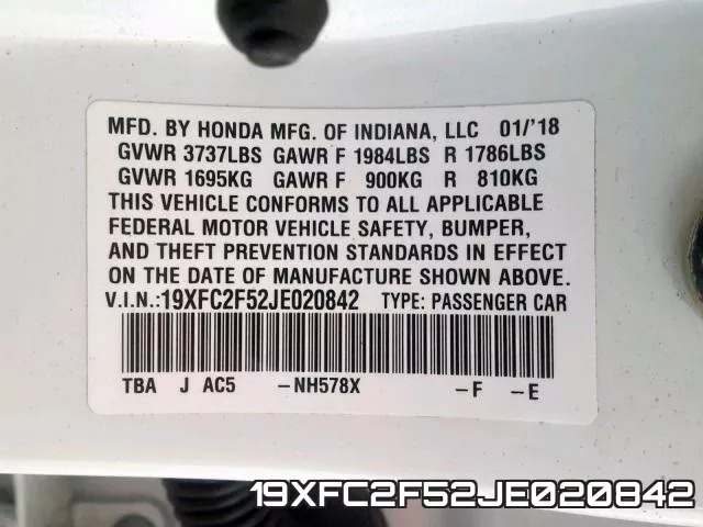 19XFC2F52JE020842 фото 2