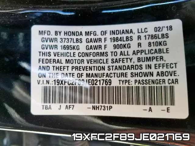 19XFC2F89JE021769 фото 2