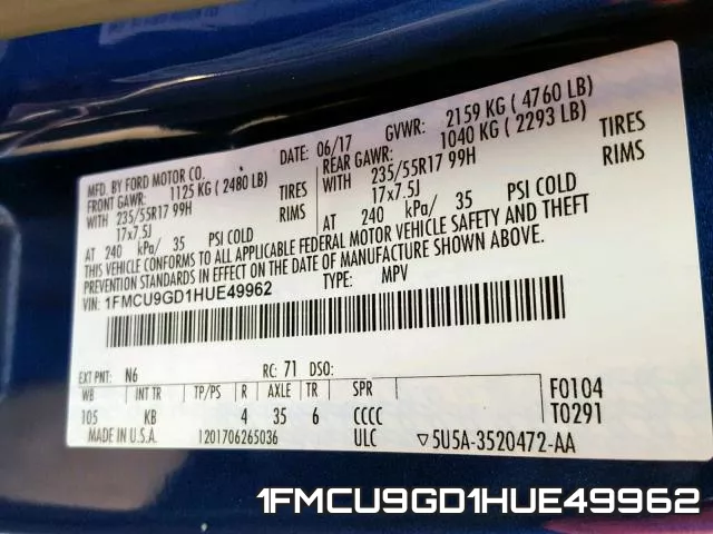 1FMCU9GD1HUE49962 фото 2