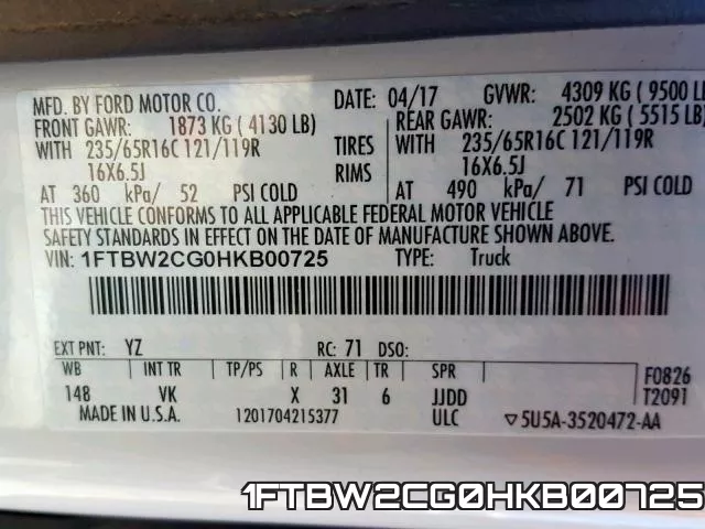 1FTBW2CG0HKB00725 фото 2