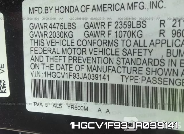 1HGCV1F93JA039141 фото 10