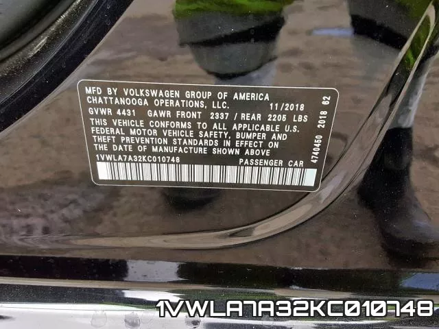 1VWLA7A32KC010748 фото 2