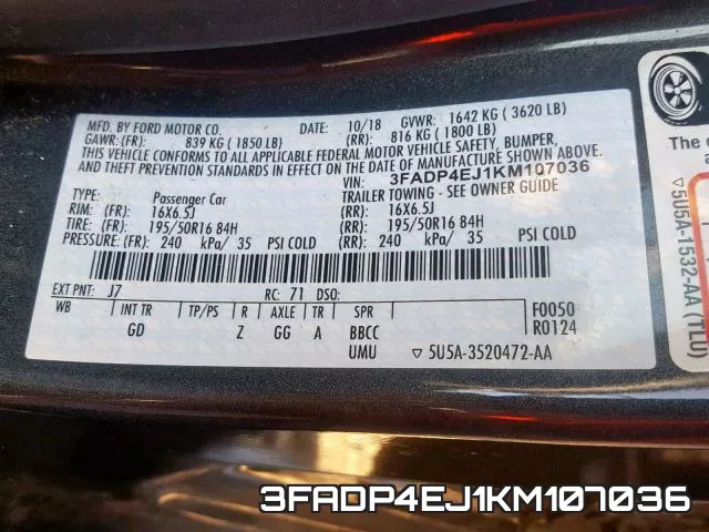 3FADP4EJ1KM107036 фото 2