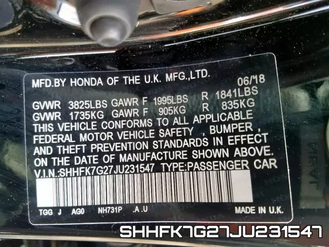 SHHFK7G27JU231547 фото 2