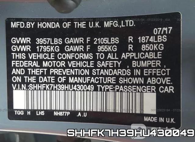 SHHFK7H39HU430049 фото 10