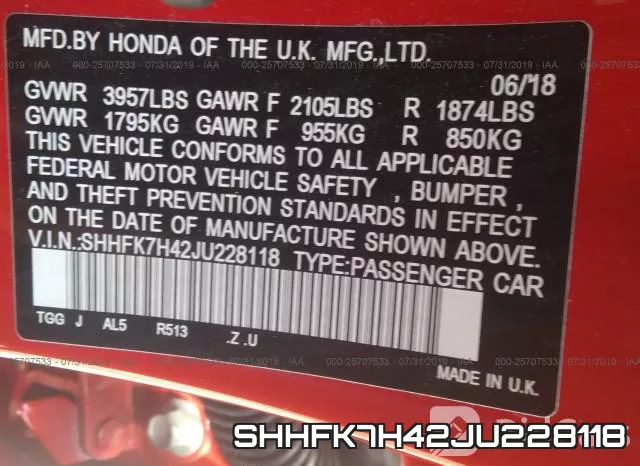 SHHFK7H42JU228118 фото 10
