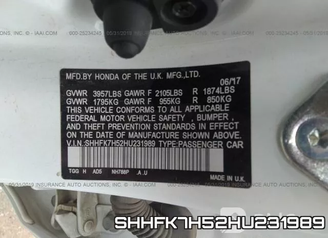 SHHFK7H52HU231989 фото 9