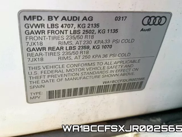 WA1BCCFSXJR002565 фото 2