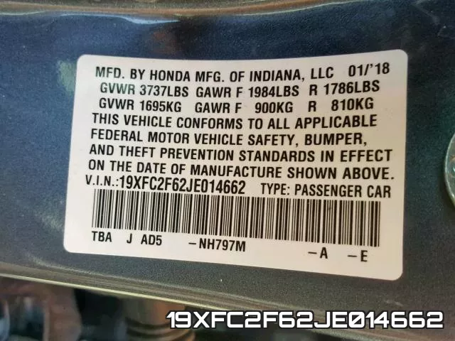 19XFC2F62JE014662 фото 2