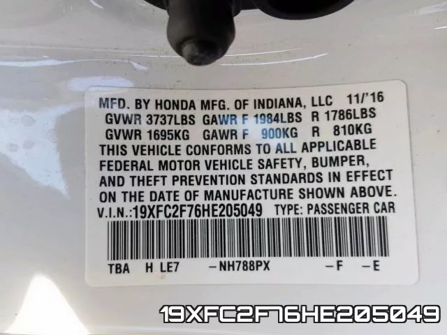 19XFC2F76HE205049 фото 2