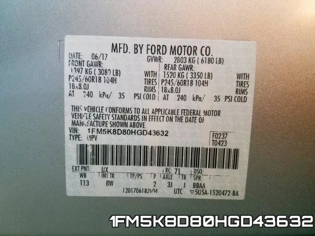 1FM5K8D80HGD43632 фото 2
