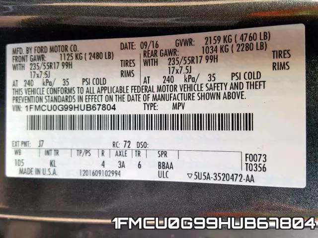 1FMCU0G99HUB67804 фото 2