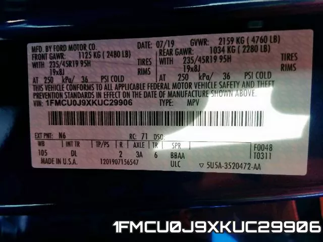 1FMCU0J9XKUC29906 фото 2