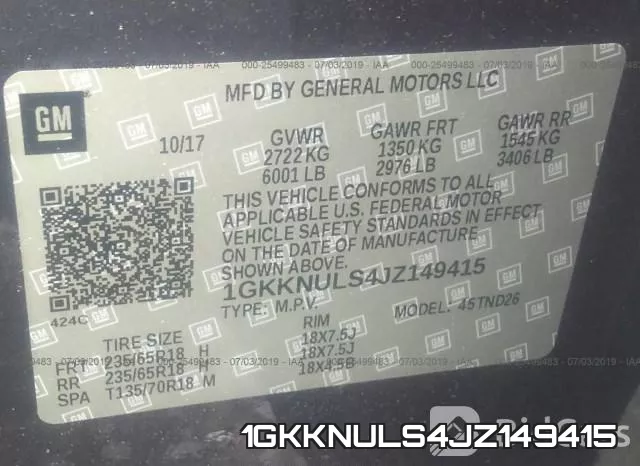 1GKKNULS4JZ149415 фото 10