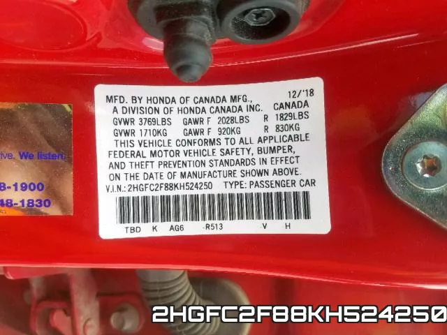 2HGFC2F88KH524250 фото 2