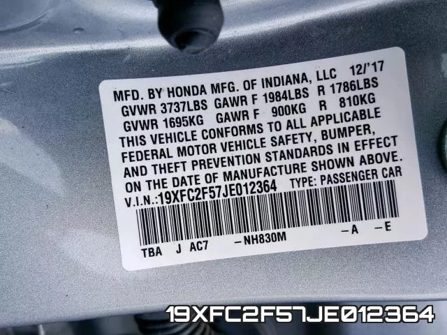 19XFC2F57JE012364 фото 2