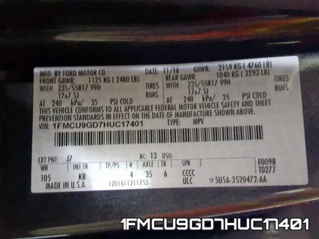 1FMCU9GD7HUC17401 фото 2