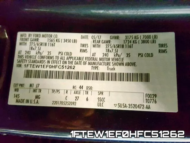 1FTEW1EF0HFC51262 фото 2