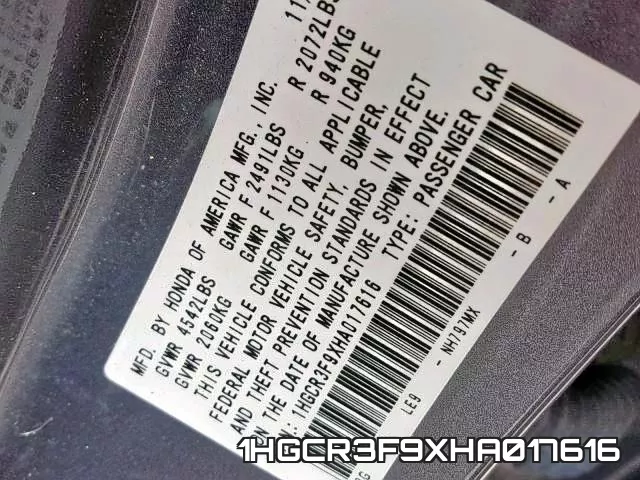 1HGCR3F9XHA017616 фото 2