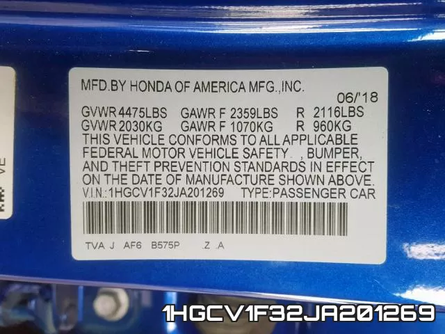 1HGCV1F32JA201269 фото 2