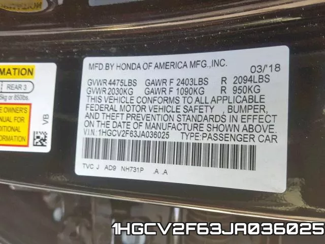 1HGCV2F63JA036025 фото 2