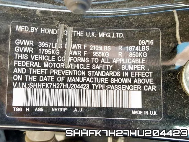 SHHFK7H27HU204423 фото 2