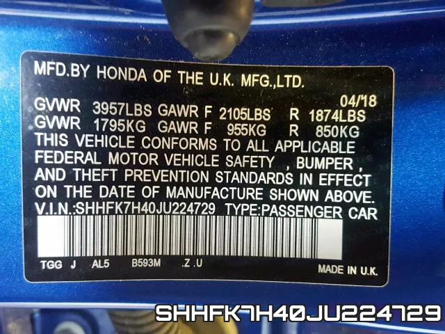 SHHFK7H40JU224729 фото 2