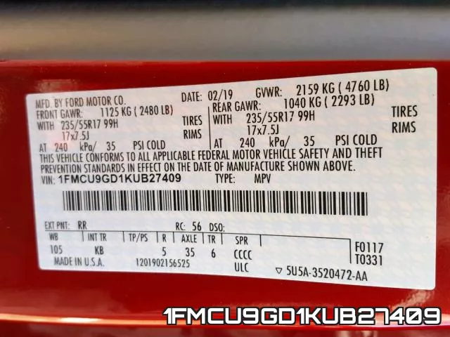 1FMCU9GD1KUB27409 фото 2