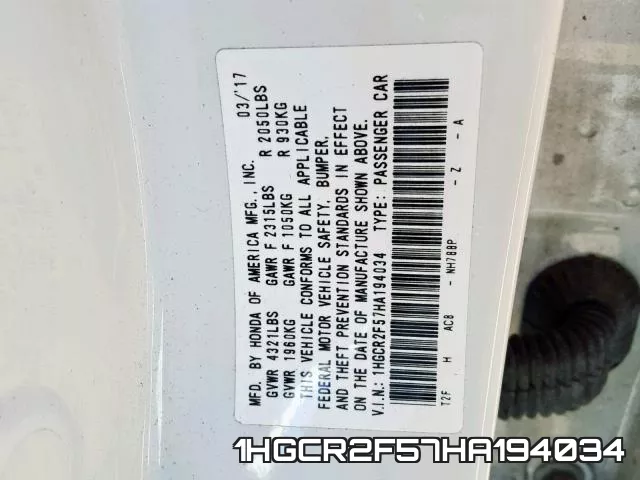 1HGCR2F57HA194034 фото 2