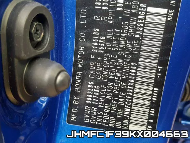 JHMFC1F39KX004663 фото 2