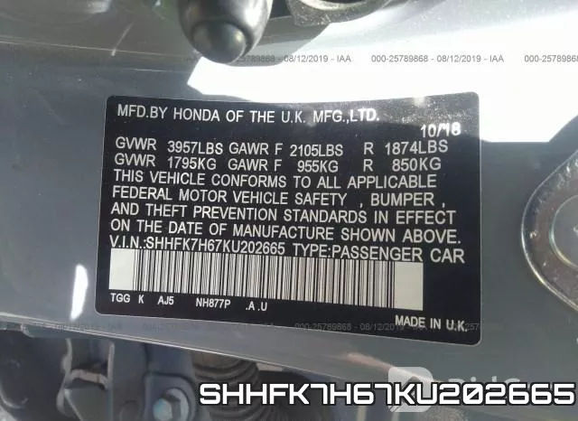 SHHFK7H67KU202665 фото 10